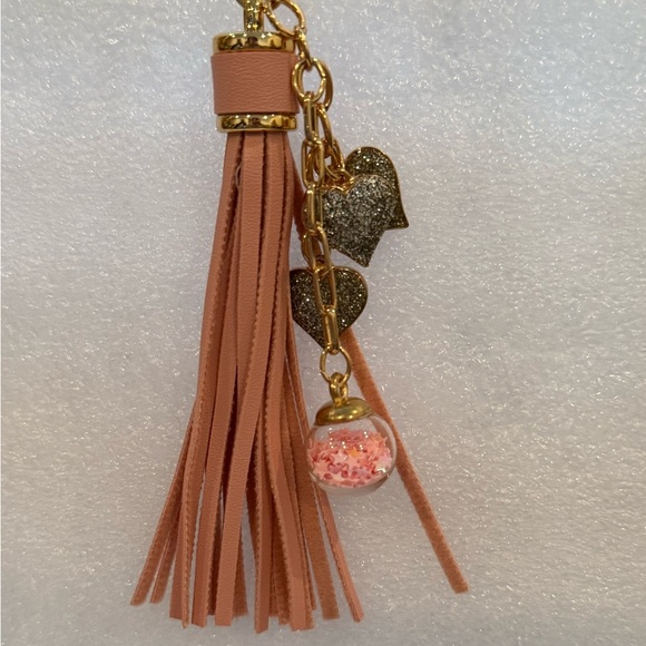 Hand Crafted Accessories - Blush Pink Tassel Keychain w/Glitter Hearts & Sprinkle Globe Charm -New -Unique